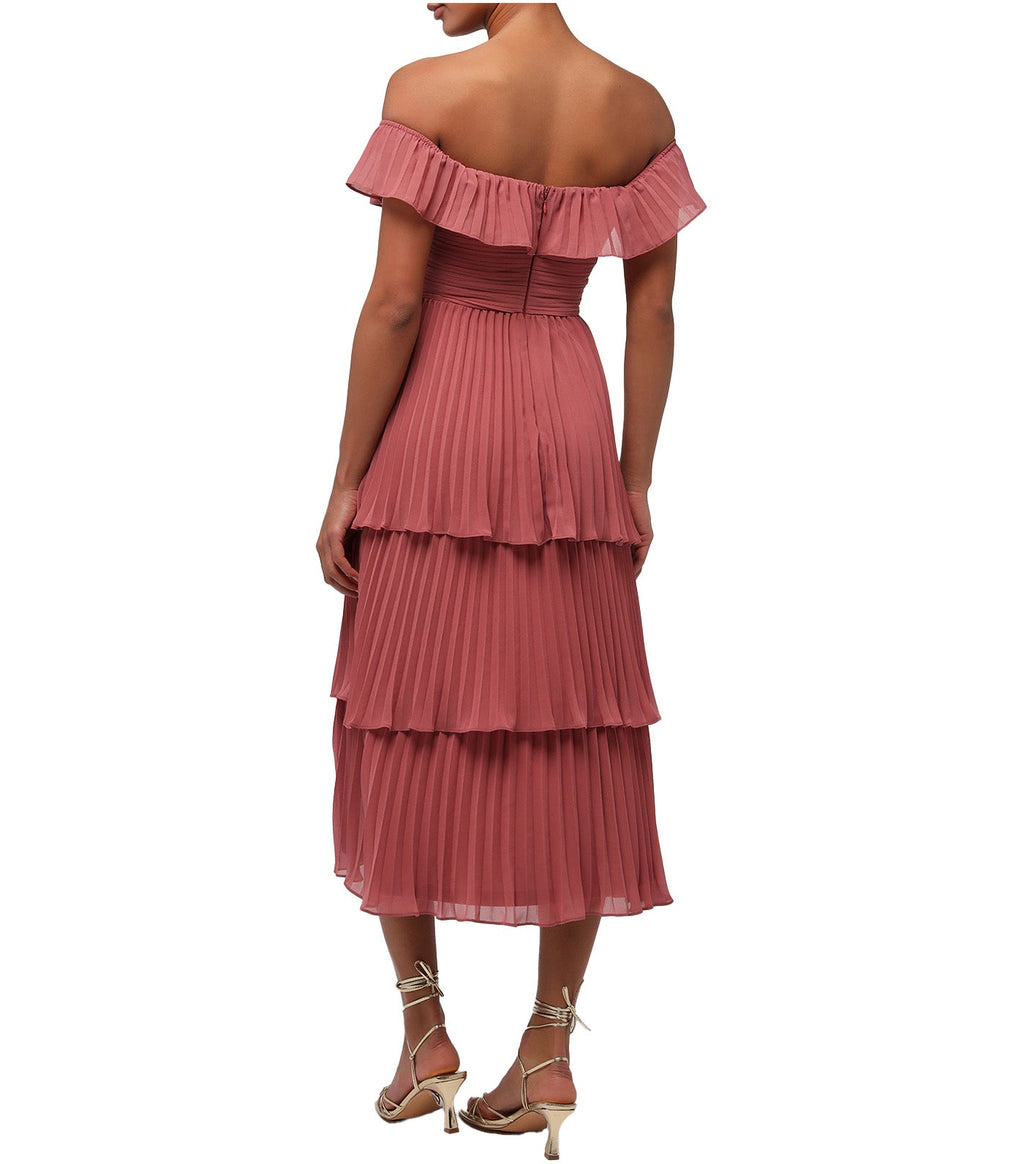 OFF THE SHOULDER PLEATED CHIFFON MIDI DRESS