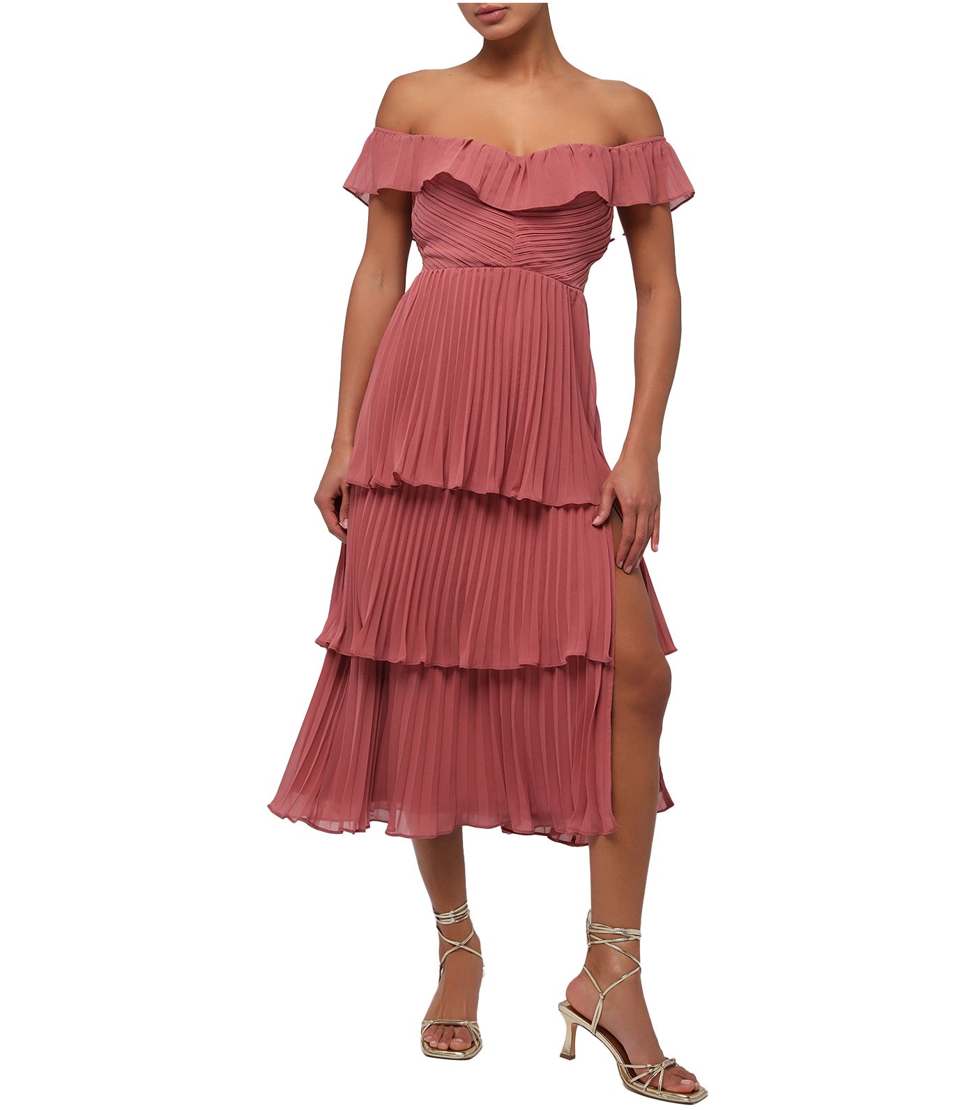 OFF THE SHOULDER PLEATED CHIFFON MIDI DRESS