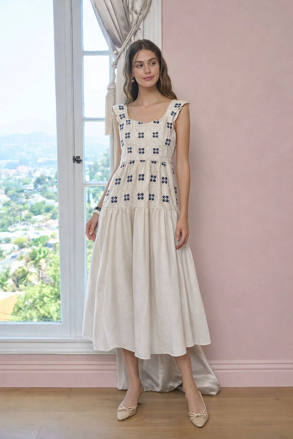 STRAP RUFFLE SLEEVE MIDI DRESS