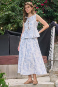 SLEEVELESS TIE FRONT PLEATED FLORAL TOP/MIDI SKIRT SET