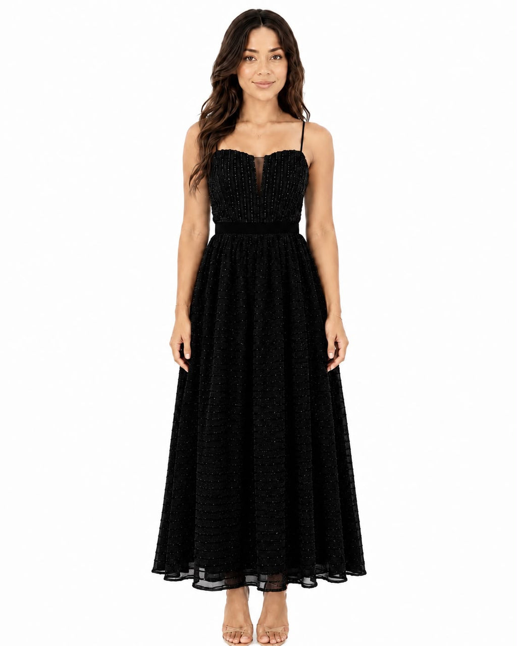 SPAGHETTI STRAP PLEATED TULLE MIDI DRESS