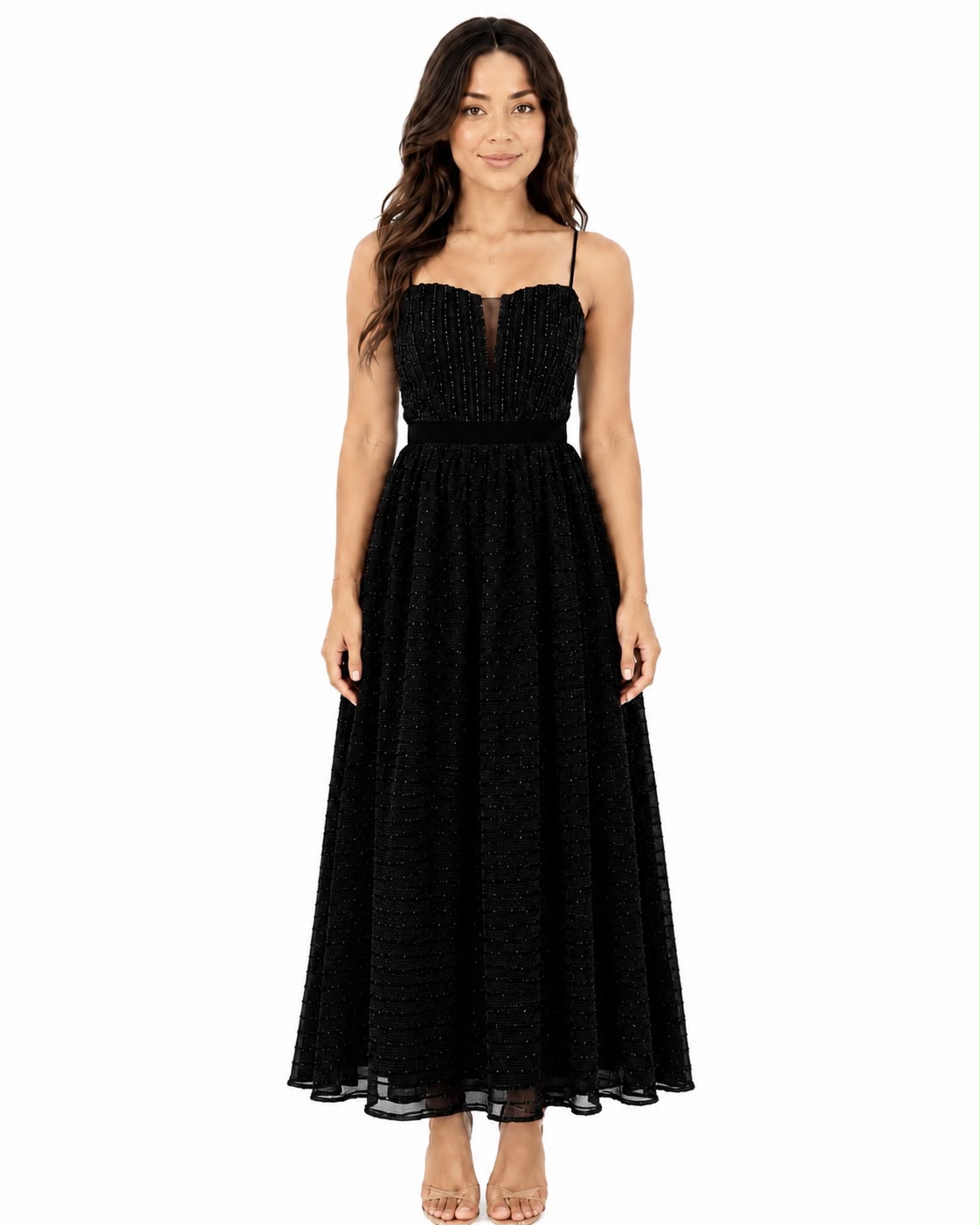 SPAGHETTI STRAP PLEATED TULLE MIDI DRESS