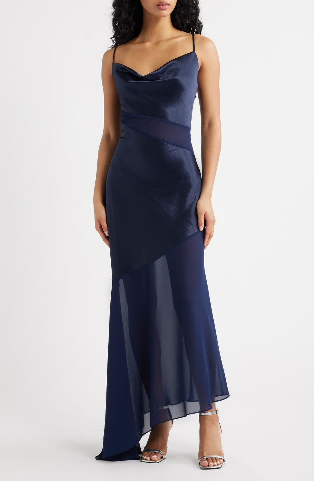 ASYMMETRICAL COWL NECK MAXI DRESS