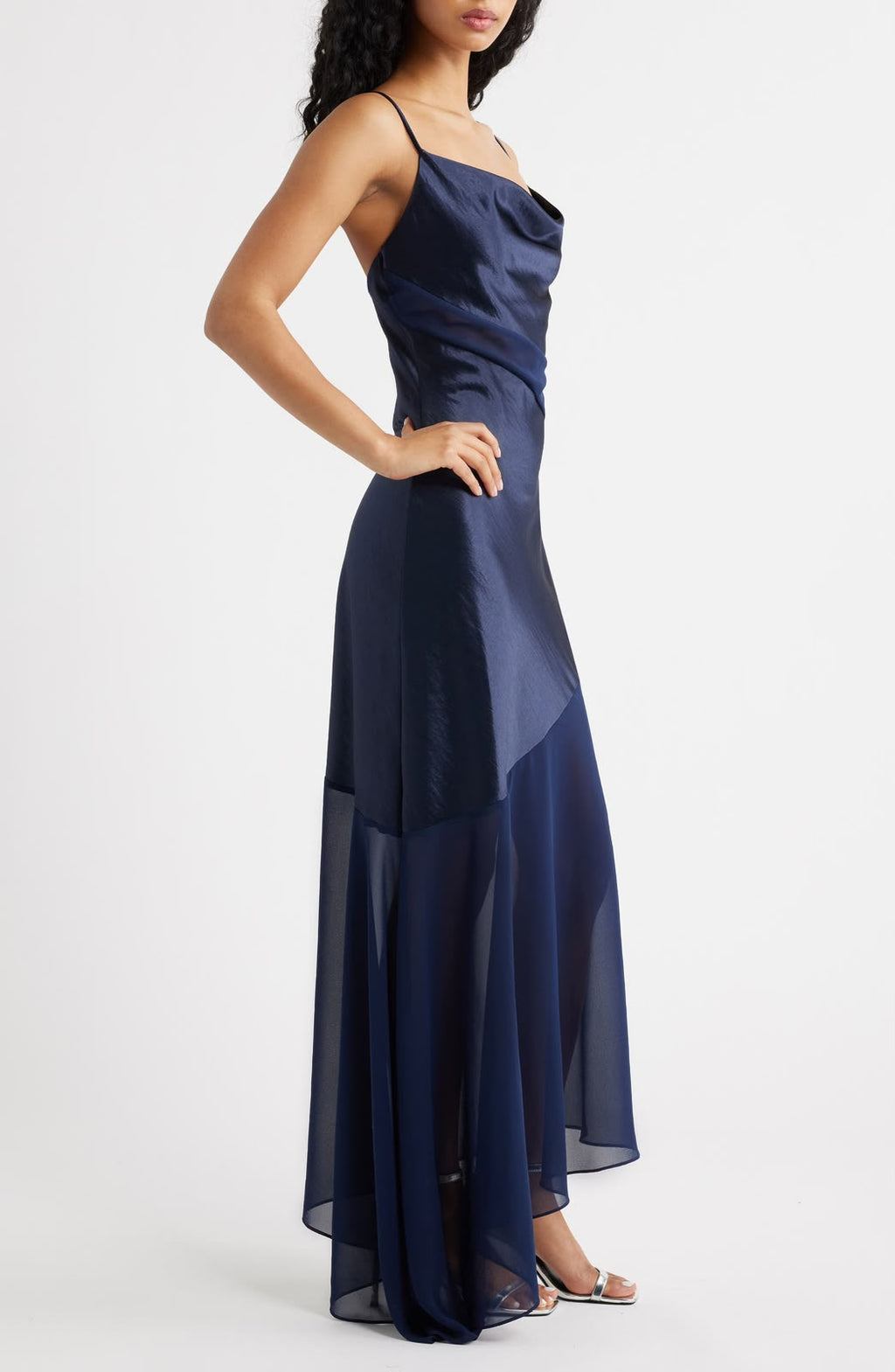 ASYMMETRICAL COWL NECK MAXI DRESS