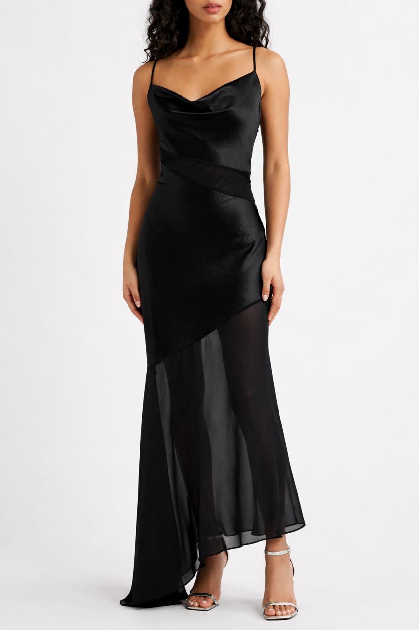 ASYMMETRICAL COWL NECK MAXI DRESS