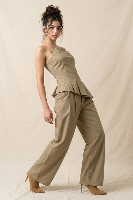 PLEATED ASYMMETRIC TOP/PAPERBAG CROP PANTS