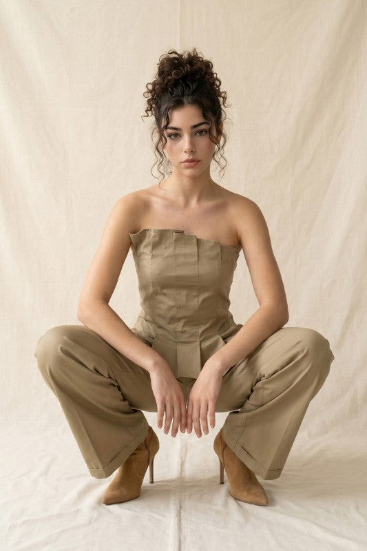 PLEATED ASYMMETRIC TOP/PAPERBAG CROP PANTS