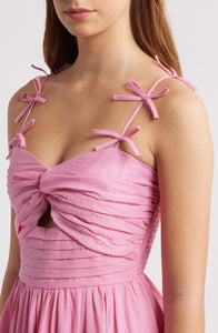 STRAP BOW DETAIL PLEATED MIDI DRESS
