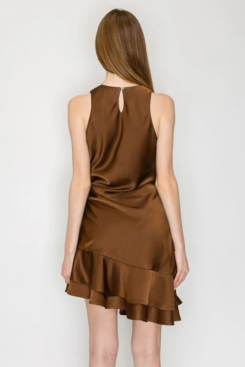 HALTER ASYMMETRIC MINI SATIN DRESS