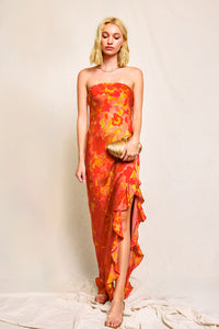 STRAPLESS RUFFLED MAXI DRESS