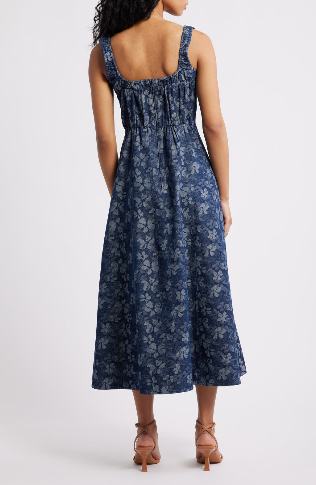 DENIM JACQUARD FLORAL DETAIL MIDI DRESS