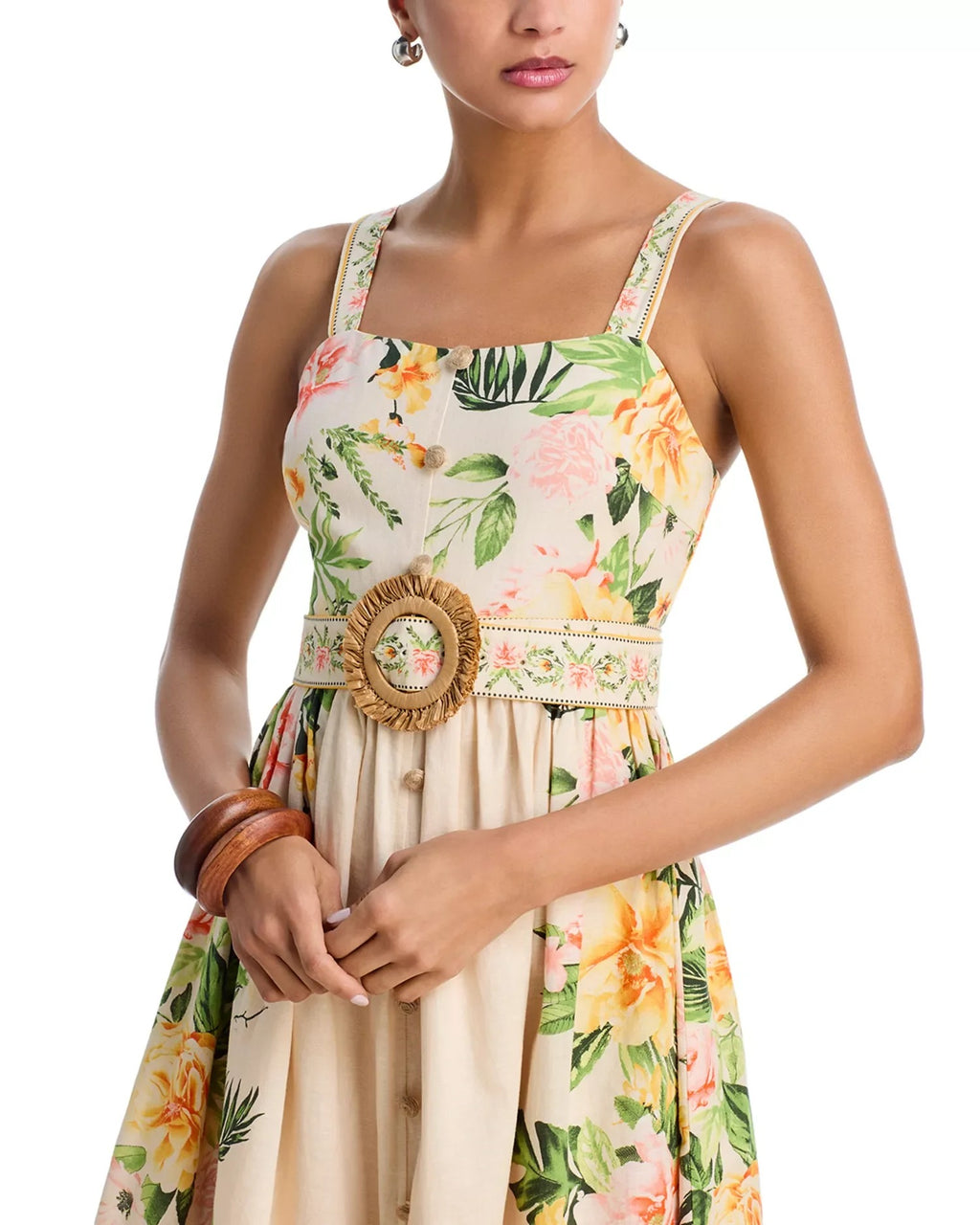 SLEEVELESS SQUARE NECK FLORAL PRINT BELT DETAIL MIDI DRESS