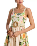 SLEEVELESS SQUARE NECK FLORAL PRINT BELT DETAIL MIDI DRESS