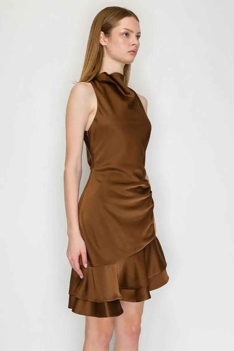 HALTER ASYMMETRIC MINI SATIN DRESS