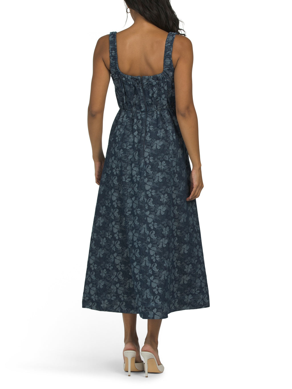 DENIM JACQUARD FLORAL DETAIL MIDI DRESS